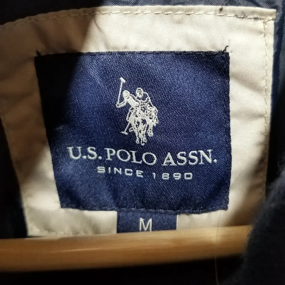 US Polo Jacket Mens Beige Medium Zip Front Lightweight Tan Hidden Hood
